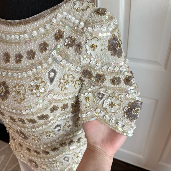 George F. Couture Champagne Hand-beaded and Silk Formal Evening Gown - Picture 4 of 10